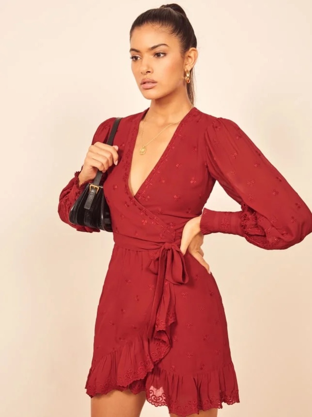 Deep Red Wrap Mini Dress with Long Sleeves